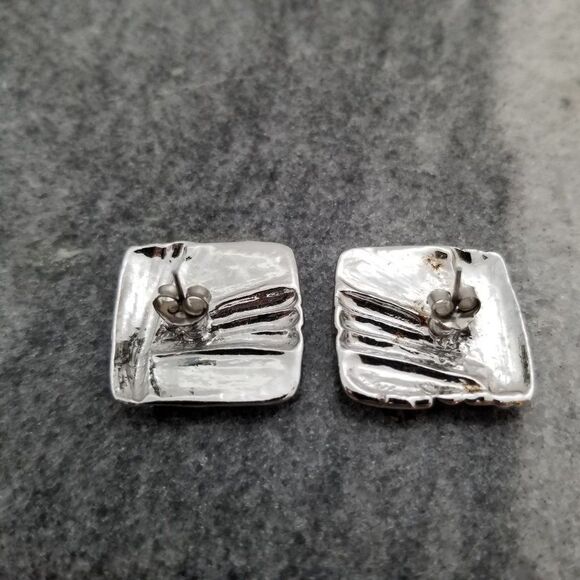 Vintage Black and Silver Tone Square Post Earrings, Retro 80s Style - Picture 2 of 5